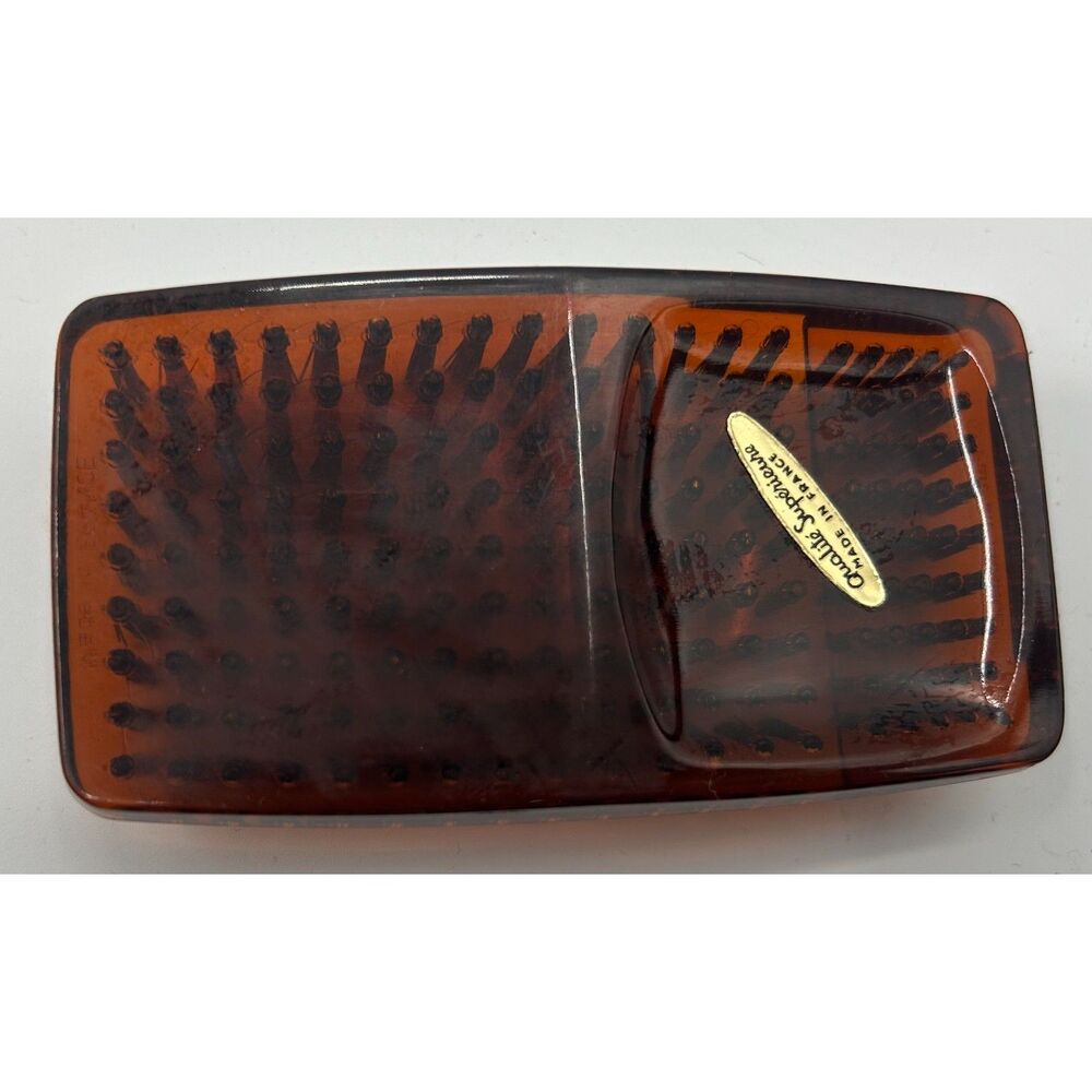 Vtg Qualite Superieure France Hand Hairbrush Amber Color Celluloid Lucite Travel